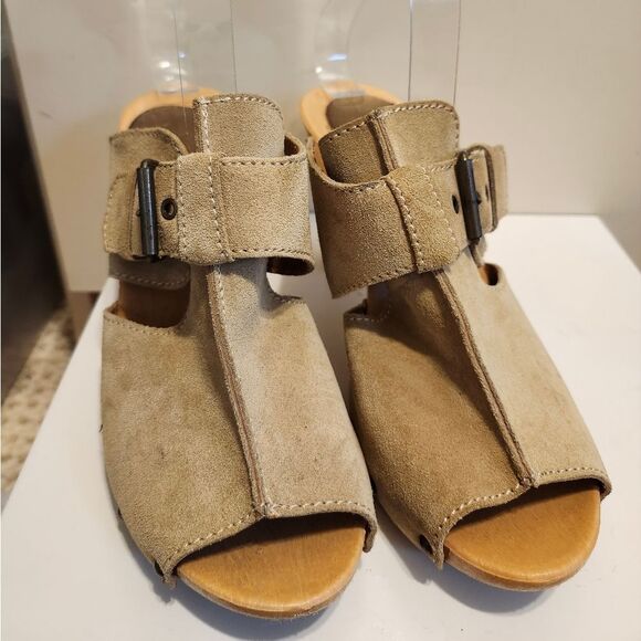 Vtg Mint '80s Original Candie's Tan Suede "Wood" Sole Mules Sz.9 Made in Italy - Picture 6 of 9